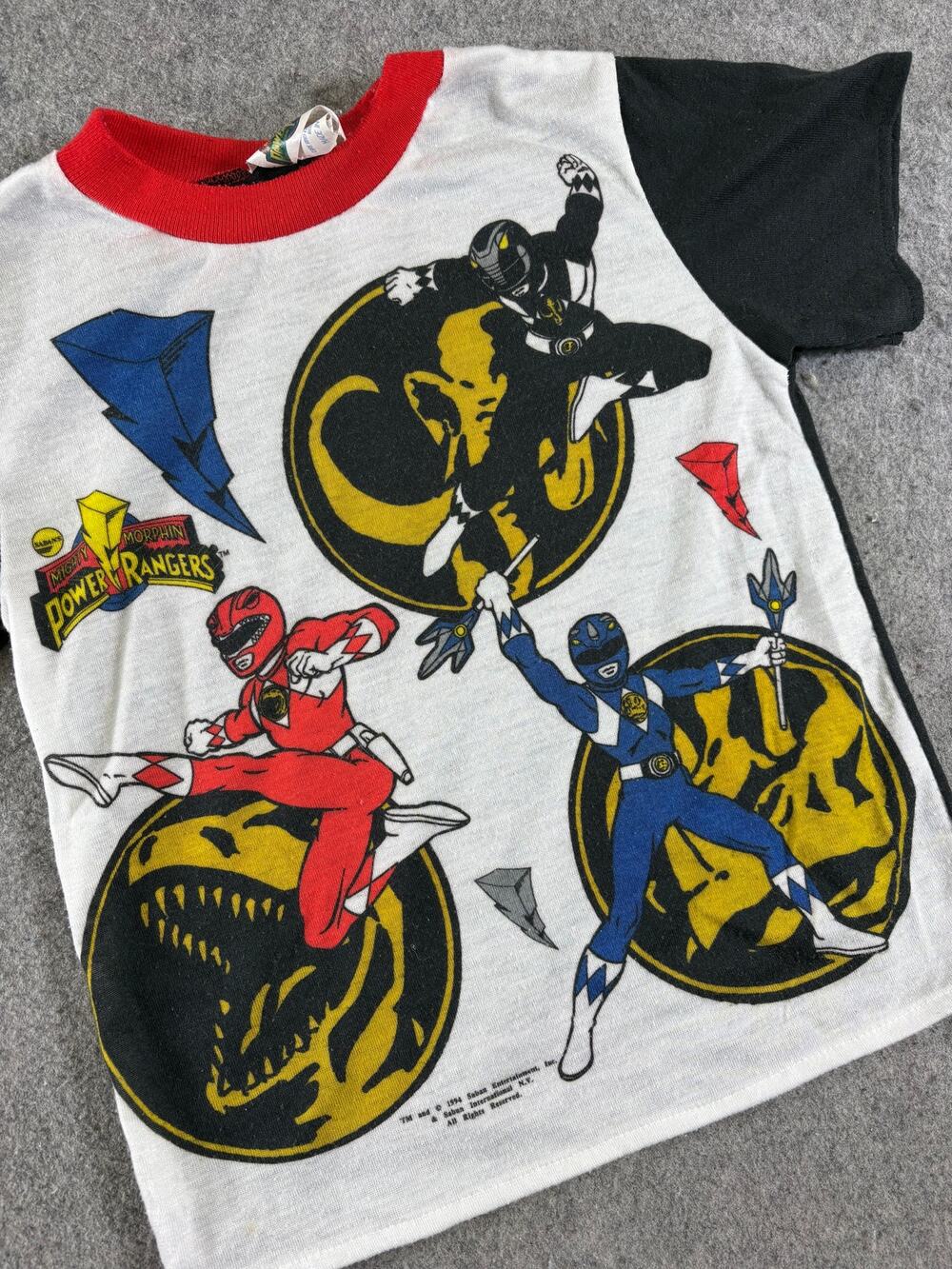 VTG 90s Mighty Morphin Power Rangers Shirt Boys Size 8 White Black Graphic USA